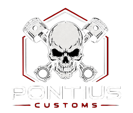 Pontius Customs — skull, pistons, and wordmark emblem